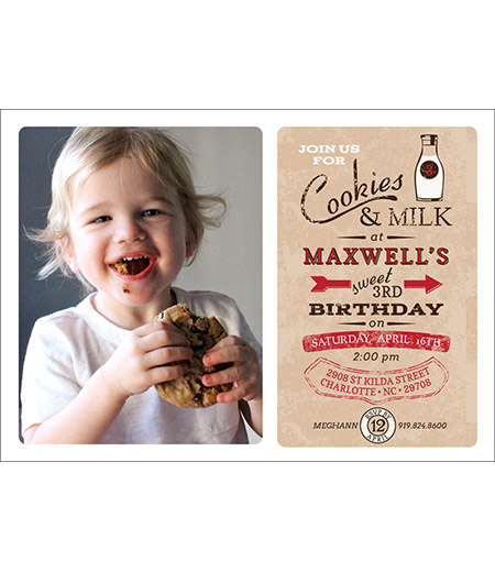 Vintage Milk and Cookies Birthday Party Printable Photo 5x7 Invitation - Red